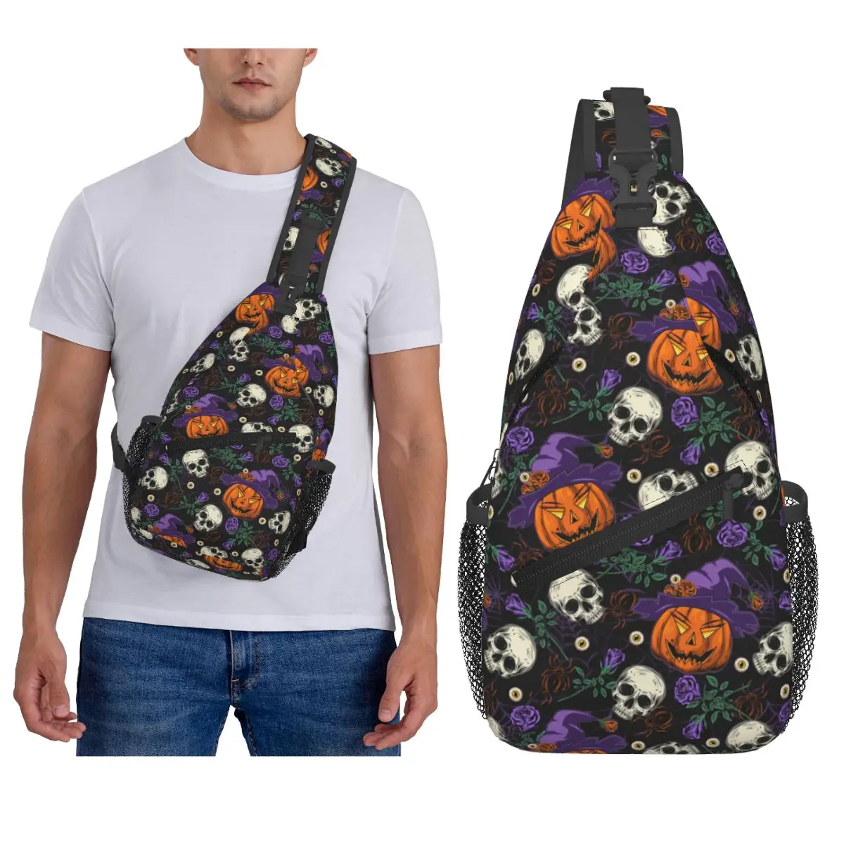 

Хэллоуин черепа, скрещенные кости и тыква нагрудная сумка мужской рюкзак через плечо на слинге нагрудная сумка дорожный рюкзак сумка на плечо