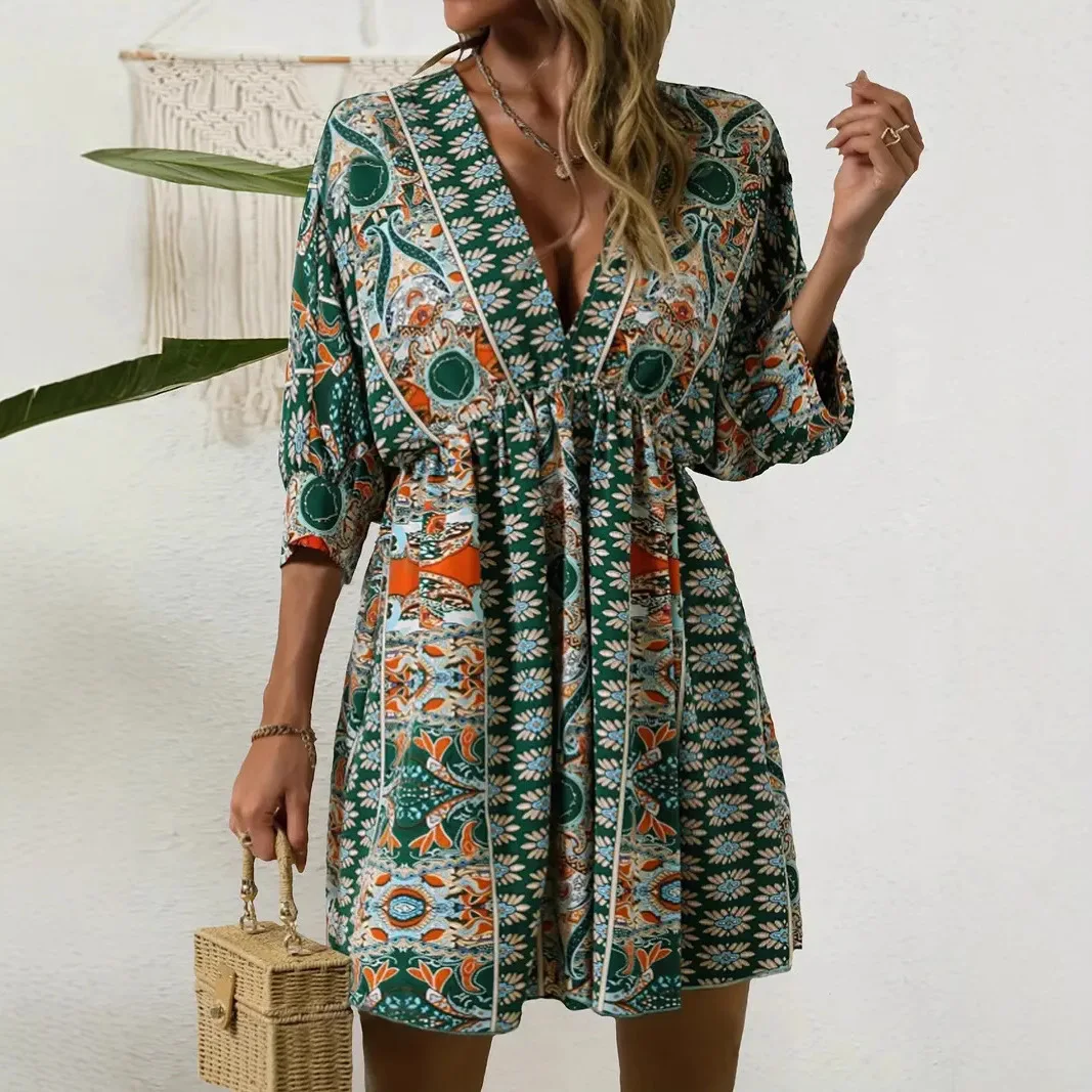 

Летнее женское новое модное повседневное богемное платье с v-образным вырезом и принтом, с открытой спиной и сексуальным платьем с короткими рукавами