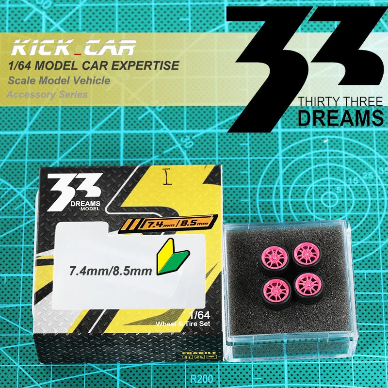 33Dreams 1/64 Wheels With Rubber Tires Pink 8.5mm Diameter for Hot Wheels MiniGT Model Cars Diecast Vehicle Modified Parts