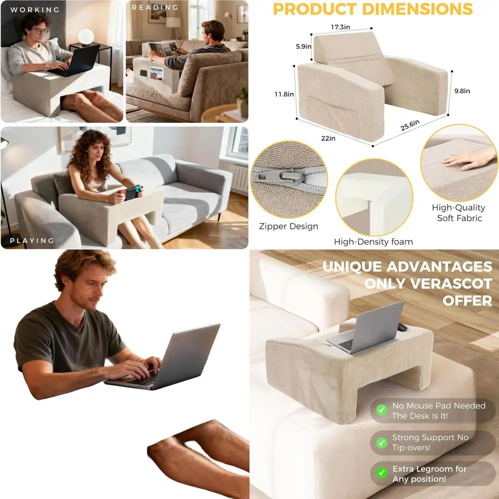 

Portable Memory Foam Lap Desk with Pocket for Laptop, Reading, and Gaming - Foldable Beige Desk for Comfortable Use on Bed, Sofa