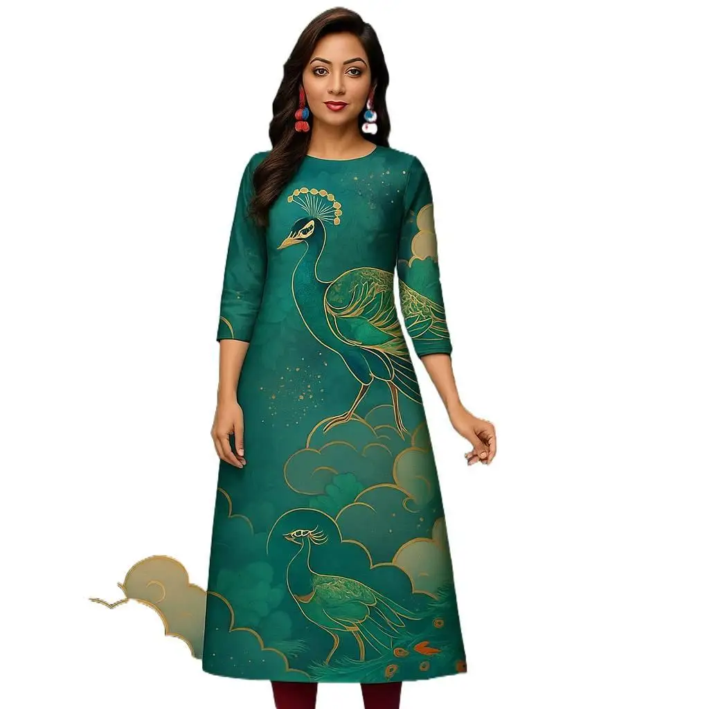 Kurt Women's Fashion Comfortable Long Sleeve Straight Casual Ethnic Round Neck Peacock Pattern New Dress.