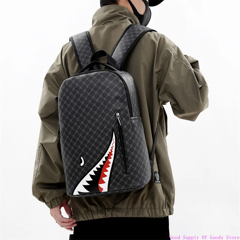 단순한 성격 패션 상어 입 남자 배낭 격자 무늬 고등학생 대학생 학교 가방 컴퓨터 배낭