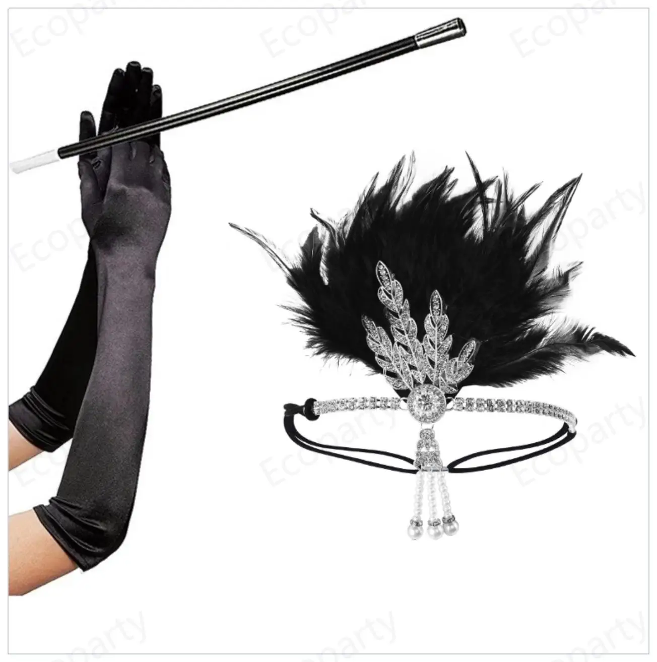 Women Great Gatsby Party Costume Accessories Set 1920s Flapper Accessories Feather Headband Gloves Cigarette Holder 3 Pack 25