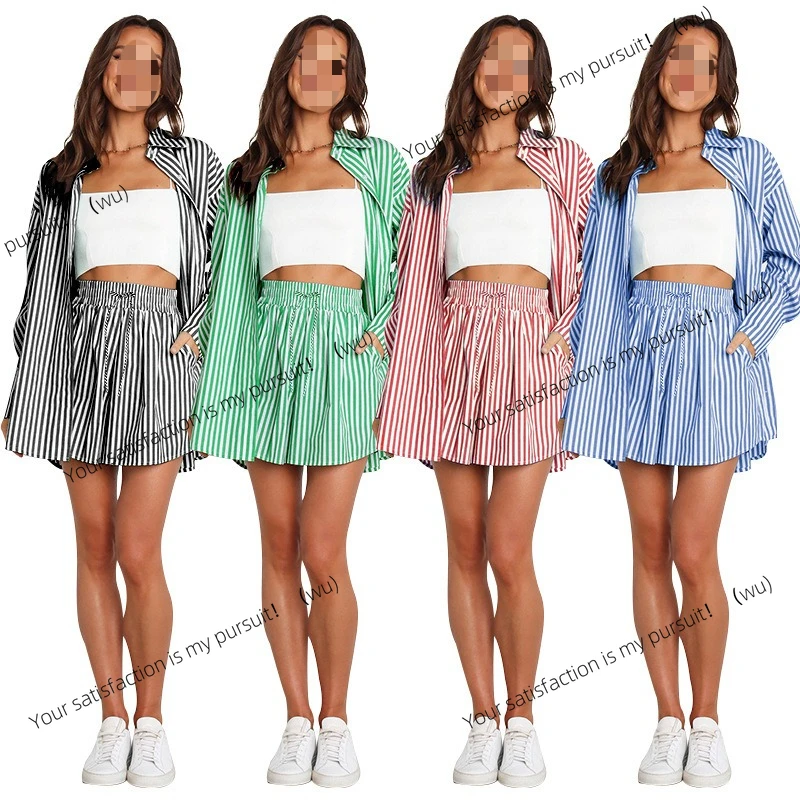 

Европейский и американский весенне-летний темпераментный повседневный костюм, модная рубашка в полоску, комплект из двух предметов