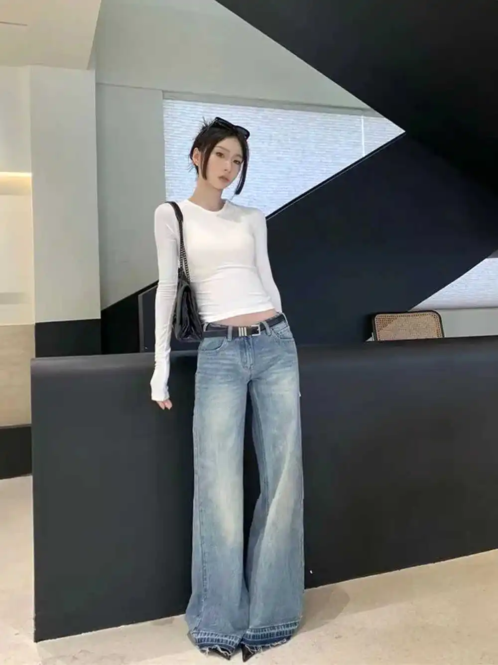 

Blue Jeans for Women High Waist American Wide Leg Pants Y2K Vintage Straight Baggy Denim Trousers 2024 Spring Oversize Pants