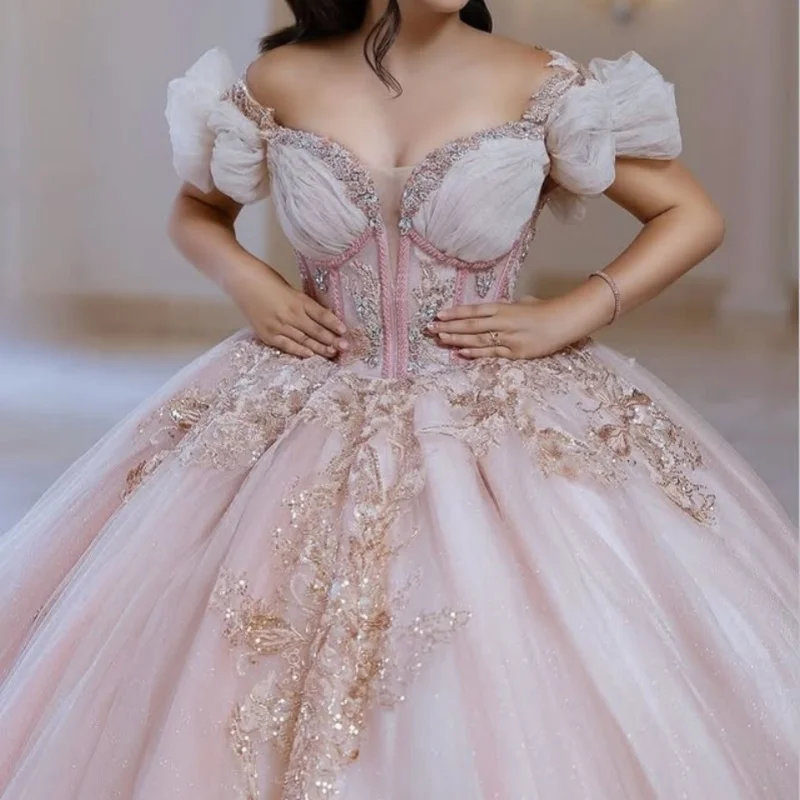 

Shiny light pink Quinceanera Dress off-shoulder Glitter 3D flower Decal Long tail Vestidos De 15 Quinceanera ﻿Customize