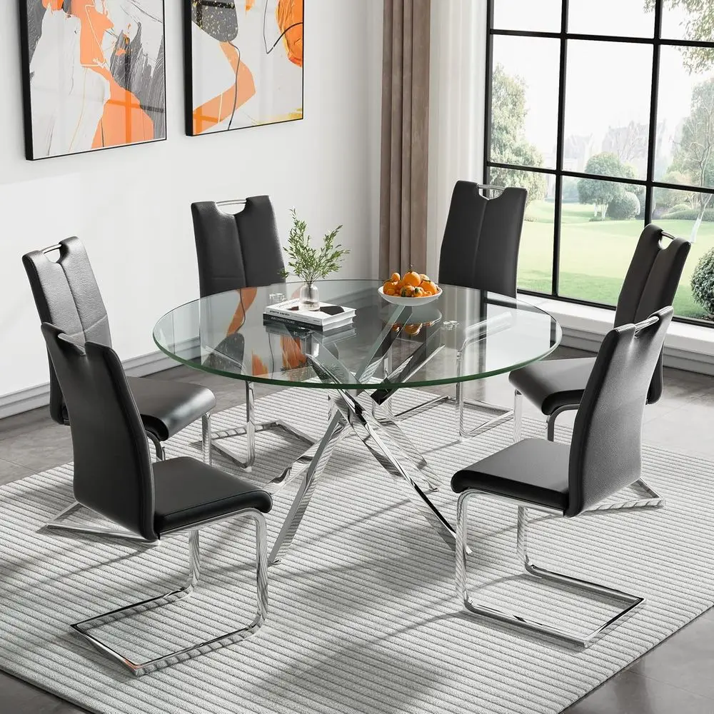 

Round Glass Dining Set for 7, 47 Table with 6 PU Leather Chairs