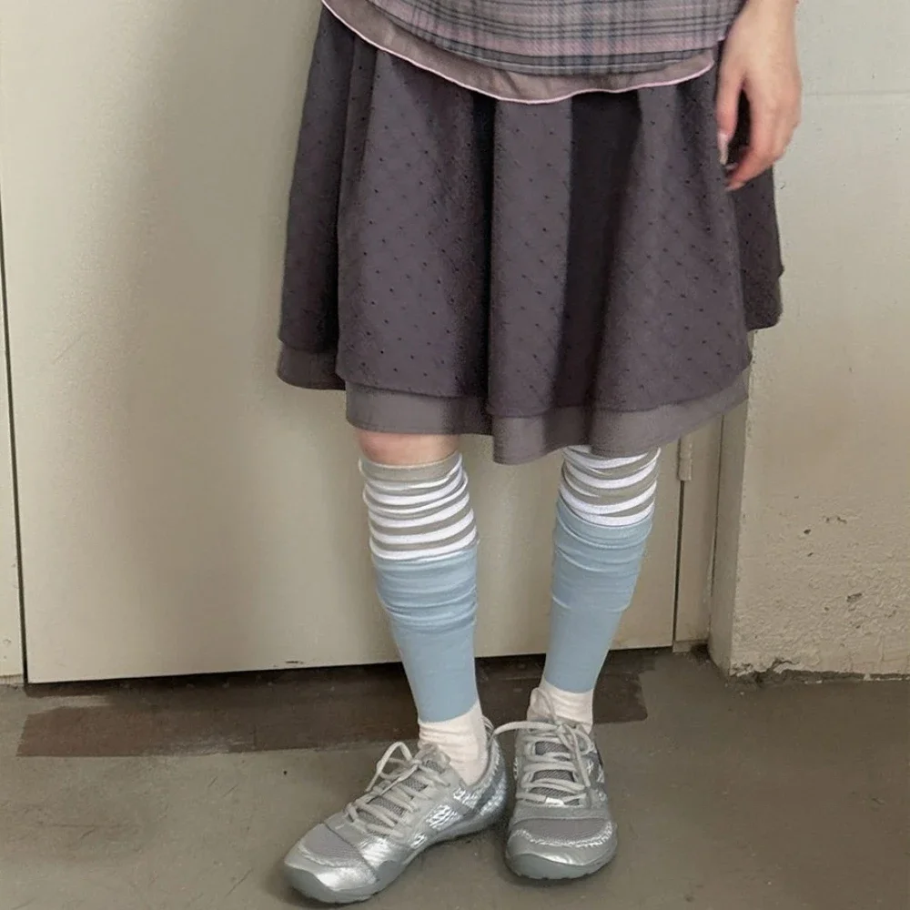 Autumn Y2K Striped Spliced Thigh High Socks Ins Japanese Subculture Trendy Over Knee Socks Outdoor Shopping Slouch Calf Socks