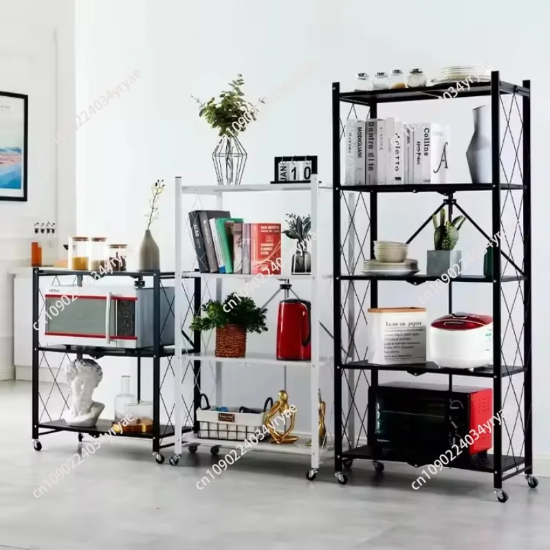 5-Layer Foldable Mesh Steel Metal Rack Black and White Microwave Oven Tableware Storage Storage Rack