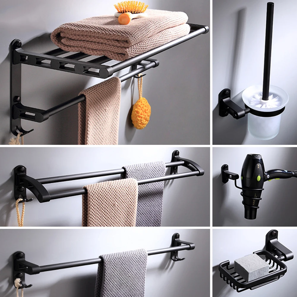 ‌Premium 9-Piece Bathroom Organizer Kit-Space Aluminum Rustproof Towel Rack Set with Toilet Paper Holder,Hair Dryer Stand & More