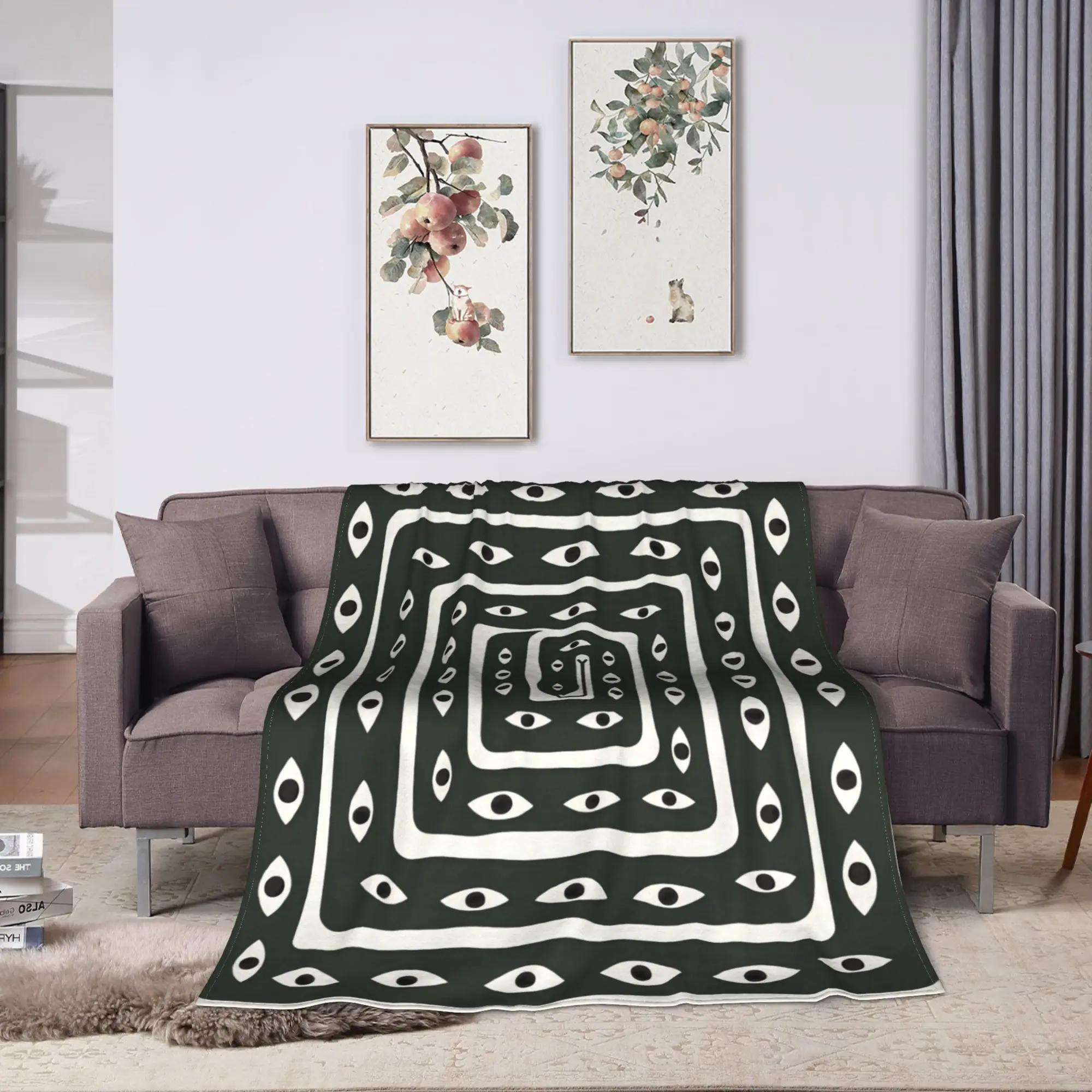 Green White Evil Eye Jacquard Throw Blanket Abstract Eye Pattern Boho Tapestry with Mystical Tribal Decor Throw for Sofa