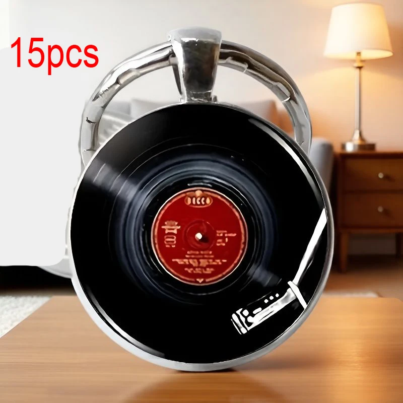 15pcs Retro punk cool record convex circular glass pendant keychain