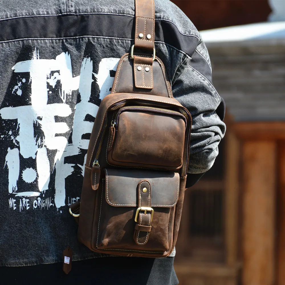 Vintage Genuine Cowhide Leather Men's Crossbody Backpack Outdoor Casual Diagonal Single Shoulder Bag Faux Leather Chest Bag