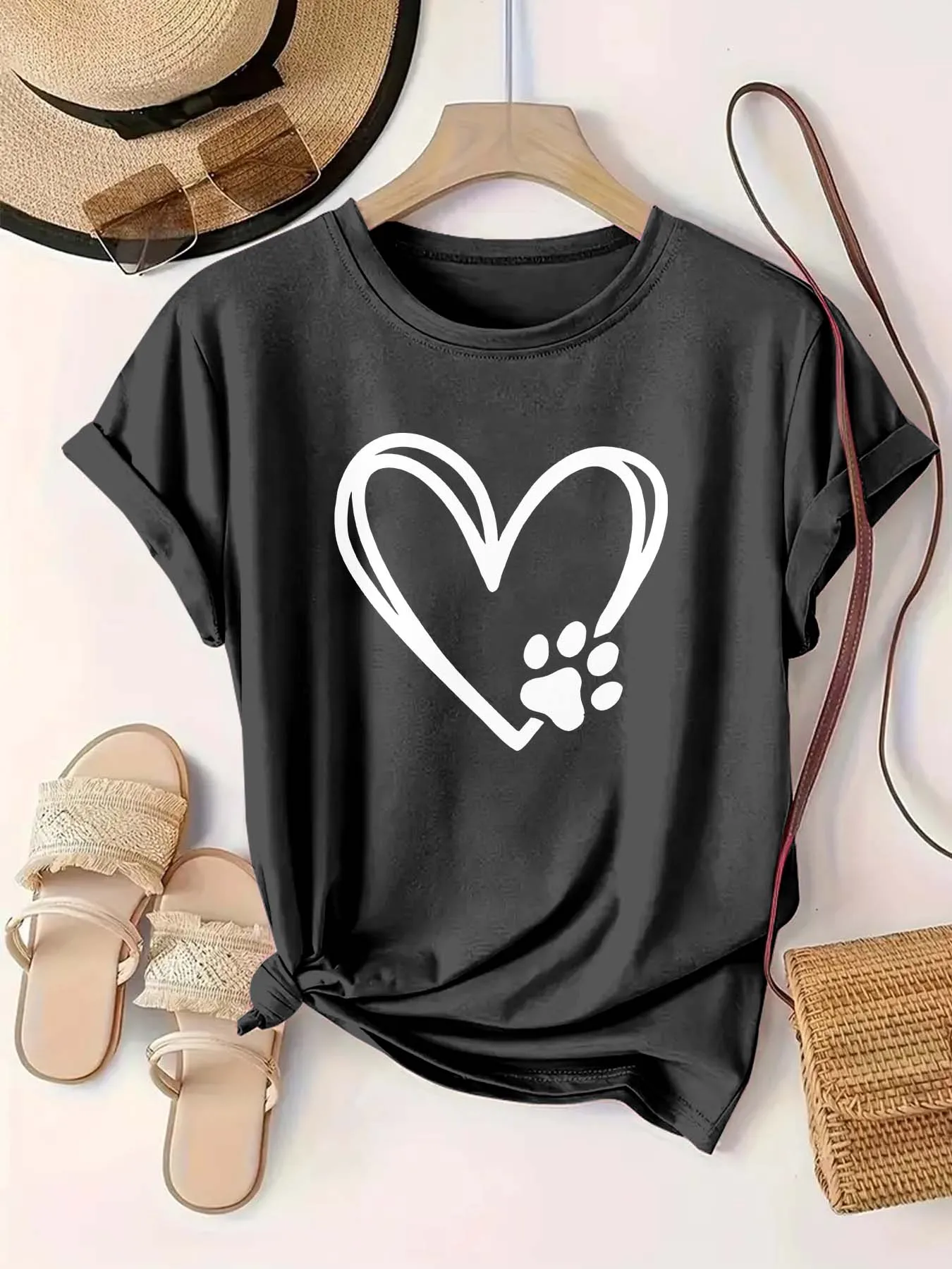 

Plus - Size Black Round Neck T - Shirt with Heart and Paw - print: Pet - loving and Sweet - stylish