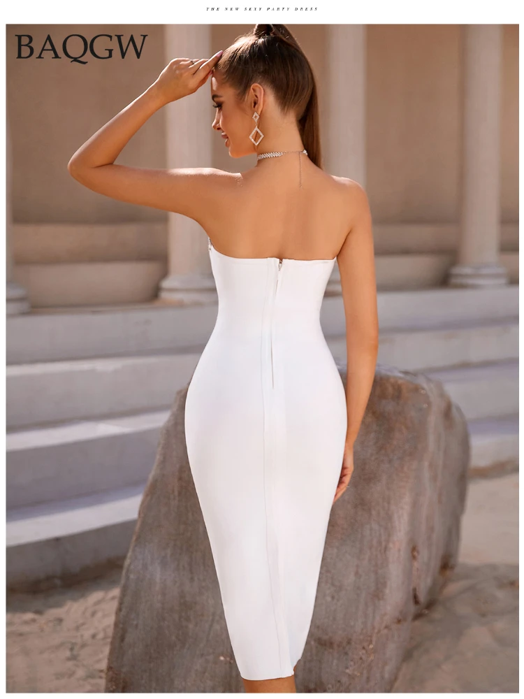 Summer Off Shoulder Bodycon Bandage Dress for Women Sexy Sleeveless Diamonds Midi Evening Runway Party Female Dresses