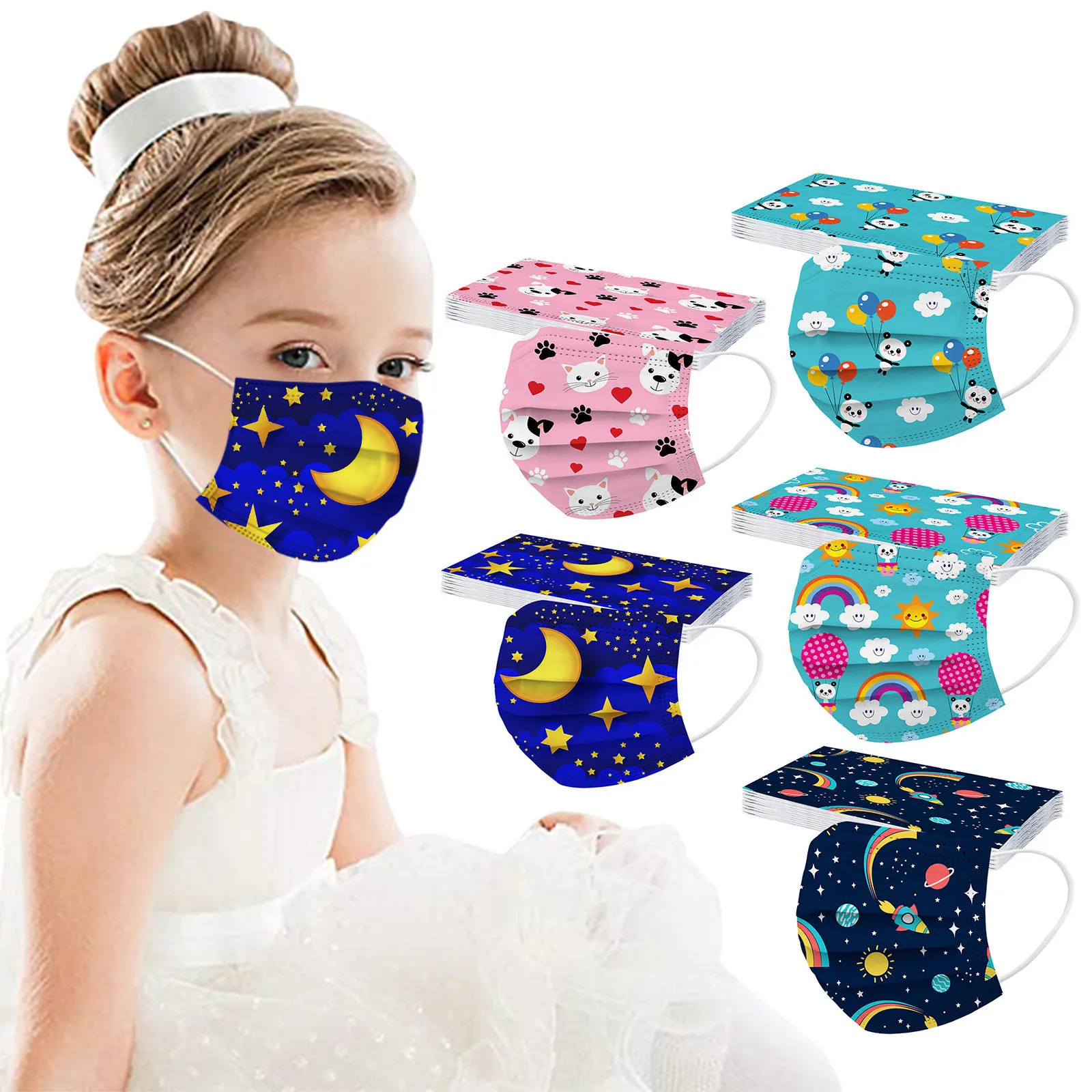 Cute Children Mask 50pcs Pack Cartoon Print Face Covering Space Panda Design Protective Disposable Breathable Kid Outdoor T1