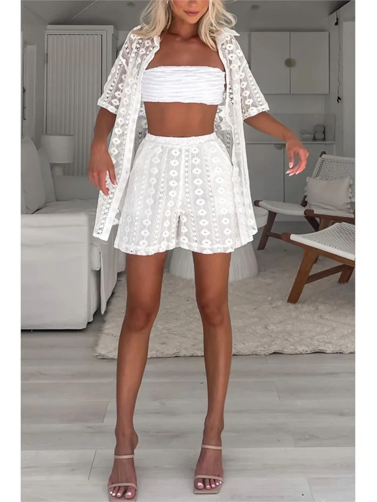 Sexy Lace Perspective 2 Piece Set Women 2024 Summer Hollow Out Short Sleeve Hollow Shirt & Shorts Sets Beach Party Lady Outfit