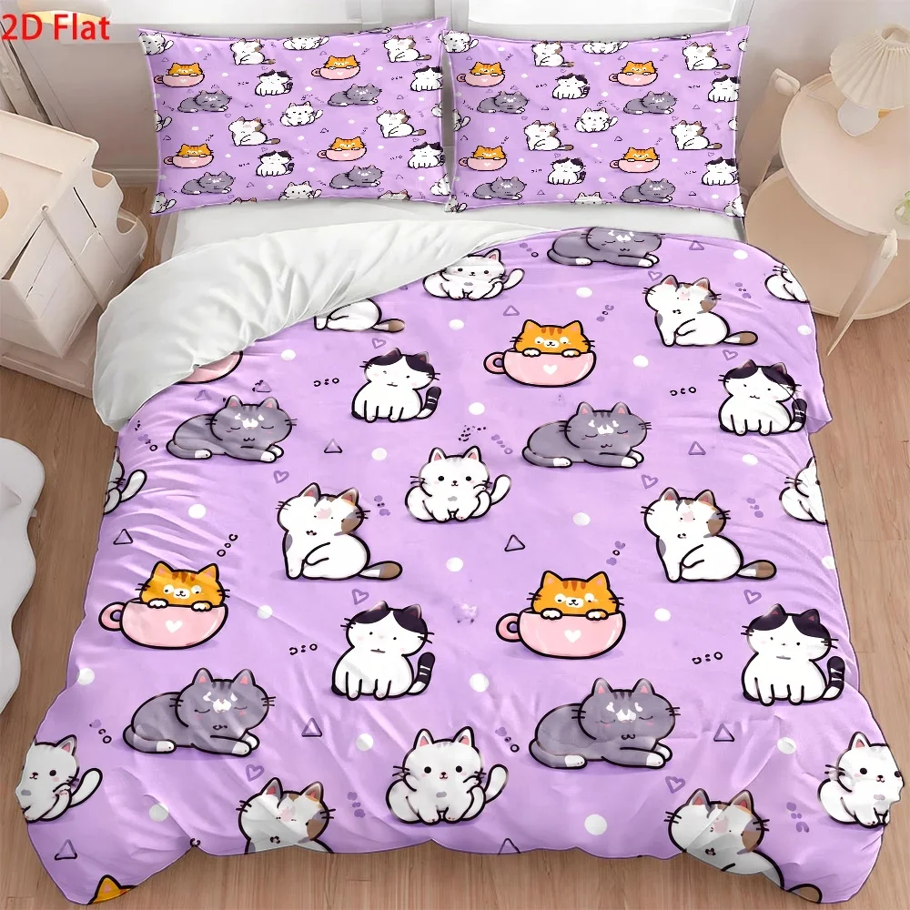 3Pc Cute Cat Print Duvet Cover Set, Three-Piece Bedding Set (1*Duvet Cover + 2*Pillowcases), Skin-Friendly and Breathable Polyester Woven Bedding, Soft and Comfortable for All Seasons, Invisible Zipper, Easy to Clean and Durable, Wrinkle-Resistant, Machine Washable, Cozy Home Bedroom Decoration, Double Bed Bedding for Student Dormitories, Nordic Style Suitable for Master Bedroom and Guest Room, Modern Minimalist Light Luxury Style Bed Cover Set, Large Double Bed Cover Set 2