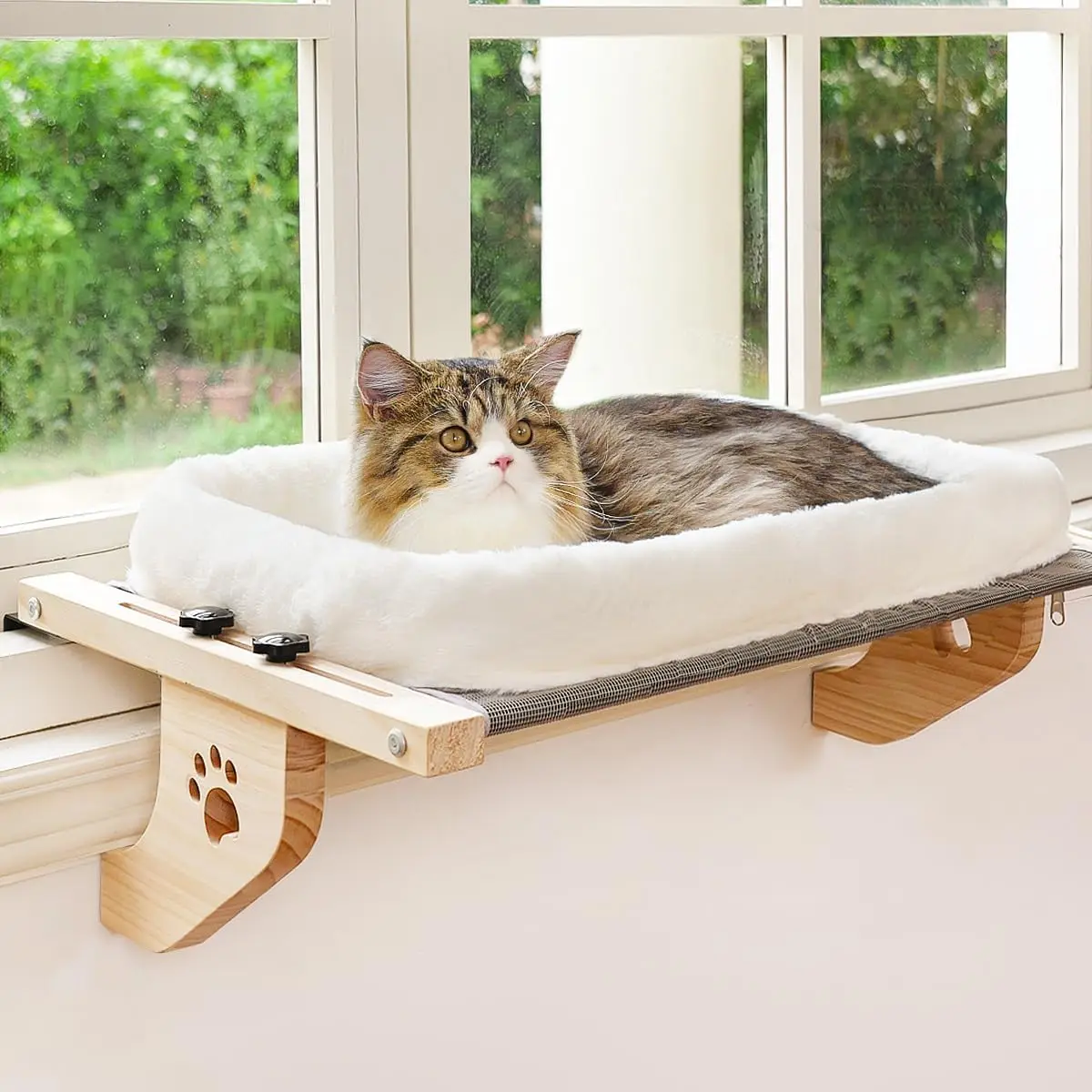 

Sturdy Hammock Seat with Cushioned Bed Cover, Wood and Metal Frame for Large Cats, Easy Adjustment To Windowsills, Bedsides