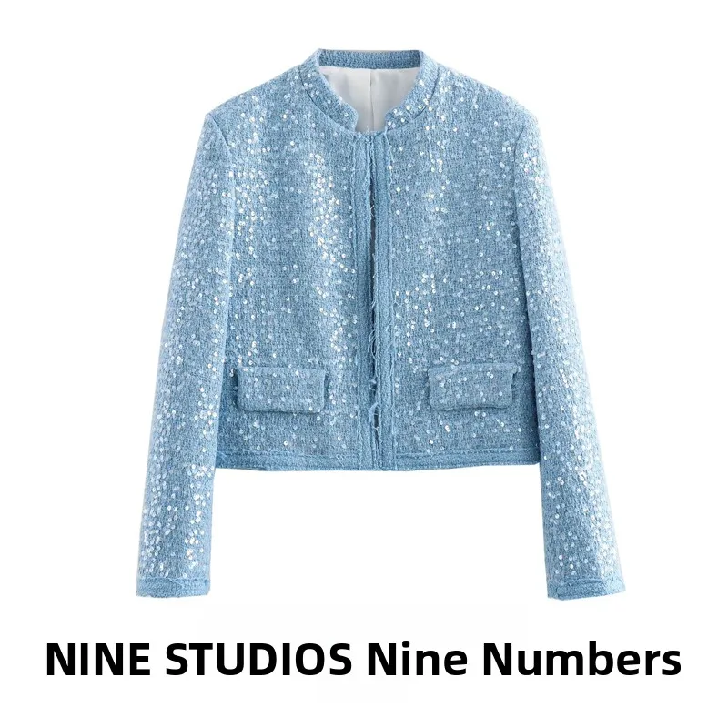 

Casual Retro ort Jaet Women's Faion Bead Decorated Outerwear Top Straight Cut Long Sve Zipper Closure Autumn Season