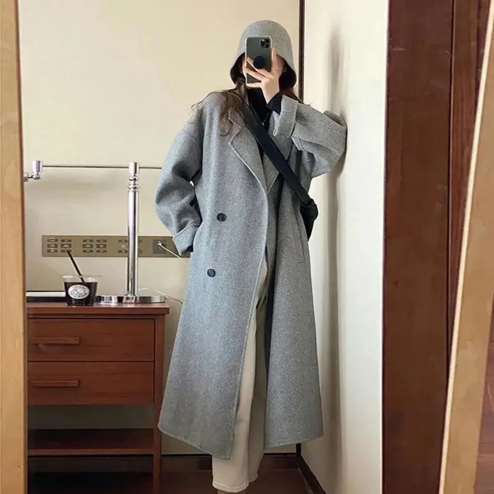 2024 New Classics Women Double Breasted Loose Woolen Coat Women  Solid Casual Long Oversize Wool Jacket Female Autumn Winter