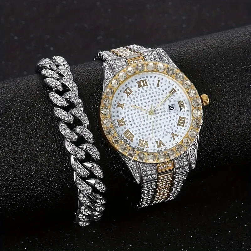 2 pieces/set of luxury men's hip-hop watches, adorned with sparkling artificial diamonds and Cuban chain bracelets
