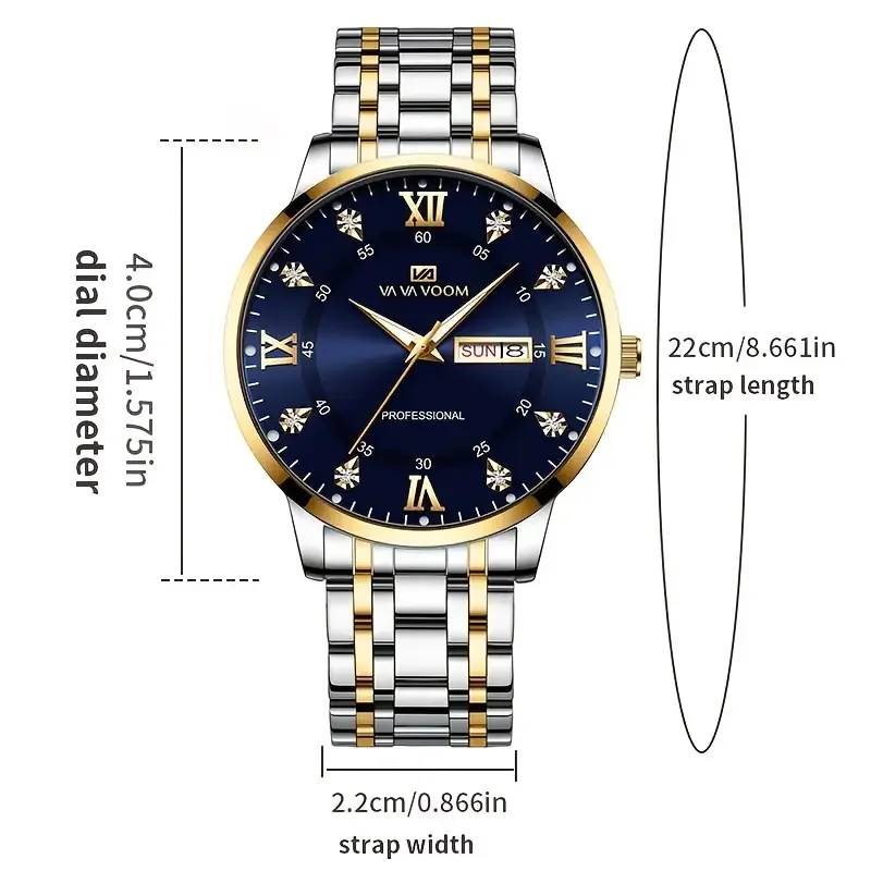 Luxury Mens Stainless Steel Hand Blue Gold Water Diamond Night Glow Weekly Calendar Movement  Free Shipping Fashion Quartz Watch