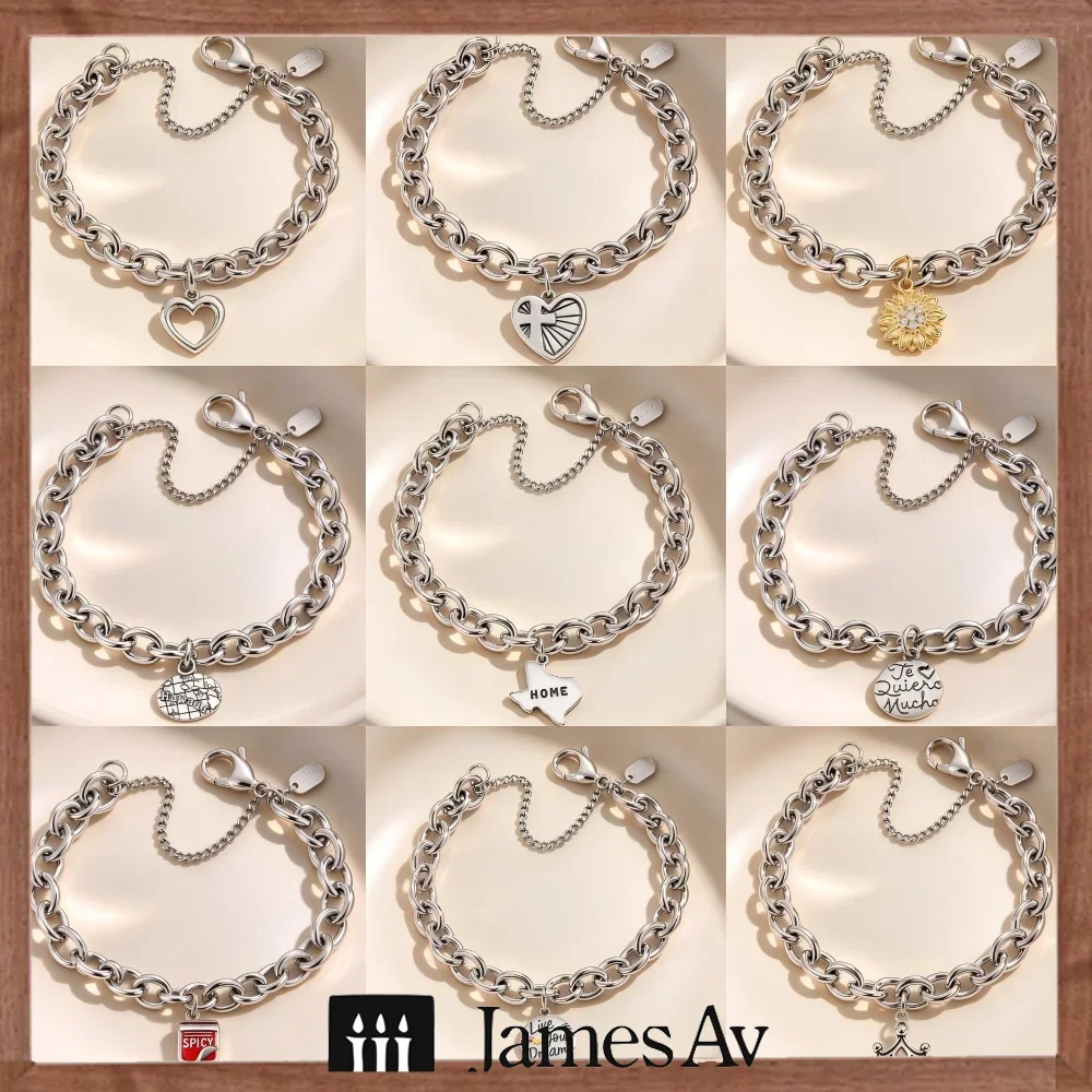 Women Chunky Silver Link Chain Charm Bracelet, Multi Style Pendant Bracelet with Hollow Heart Cross Sunflower Texas Map Spanish Letter Tag, Stainless Steel Wrist Jewelry, Trendy Stackable Hand Bracelet, Daily Wear Birthday Holiday Gift for Girls