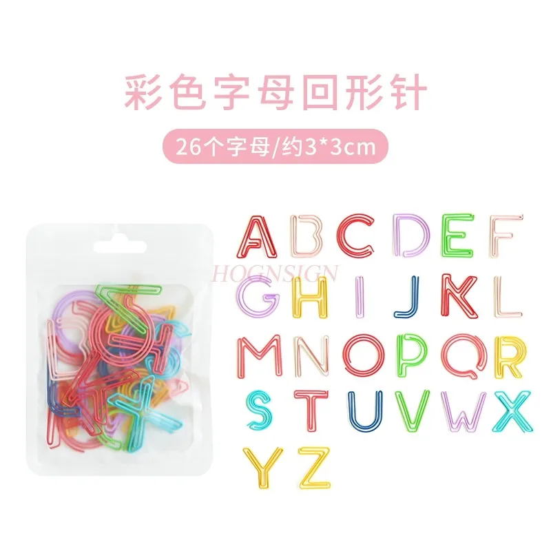 

26pcs minimalist colored English letter paper clips, irregular metal office supplies, rotary pins, loop pins, bookmark clips