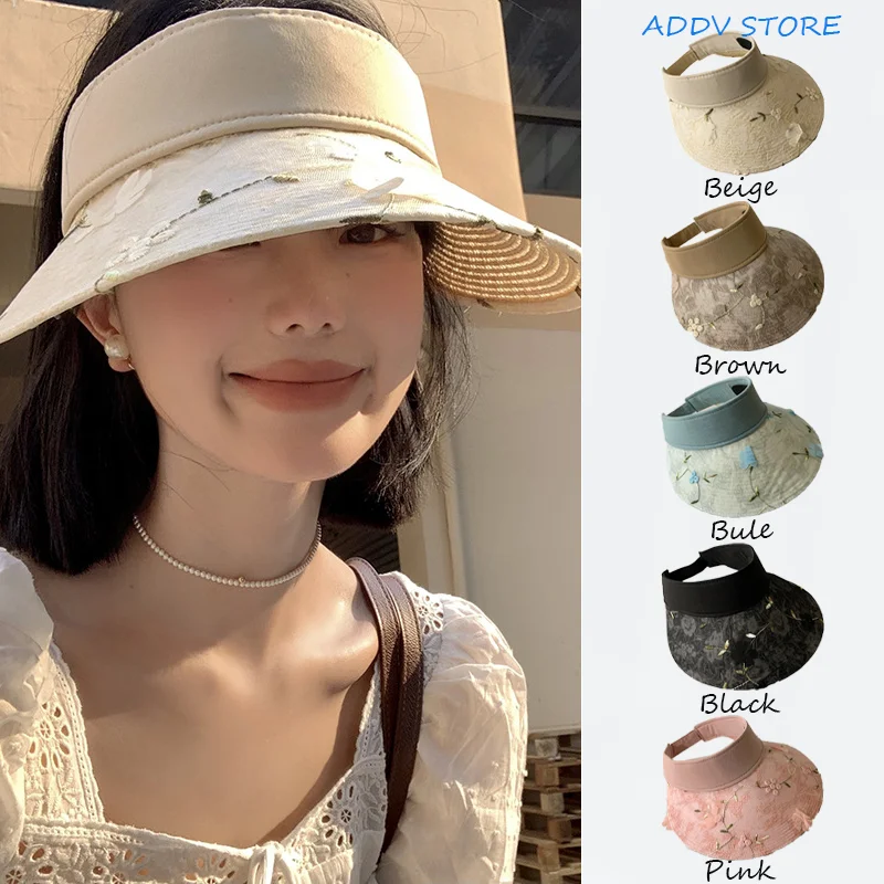 Chinese Style Sweet Solid Blossoms Embroidery Straw Empty Caps Woman Summertime Large Brim Sand Beach Holiday Sun Hats