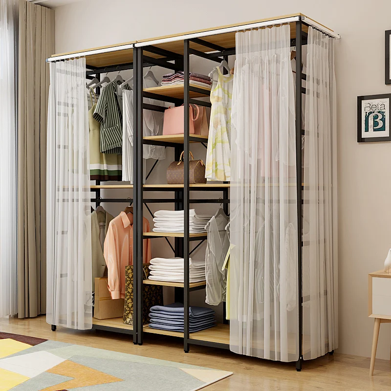 Easy Assembly 50cm Thick Metal Double-Layer Wardrobe For Bedroom Rental Use Open Rack Floor-standing Display Cabinet