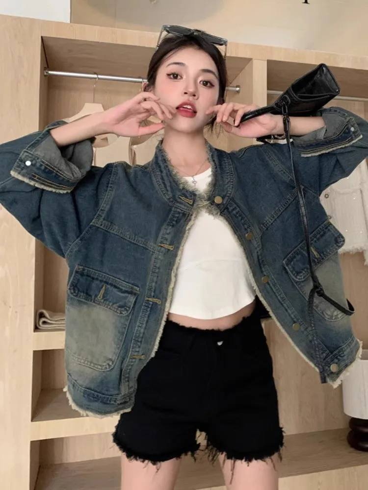Vintage Fringed Denim Jacket With Large Pockets, Women'S Spring And Autumn Stand Collar Loose Casual Jacket