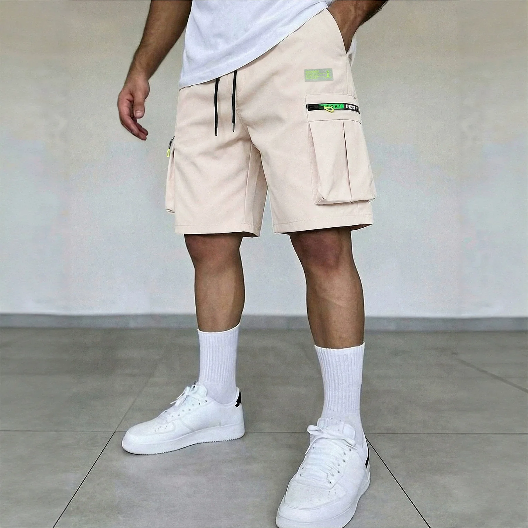 Men's Summer Beach Shorts Five-Quarter Workwear Pants Loose Fit Polyester Fiber Mid-Low Waist Basic Color Cross-Border