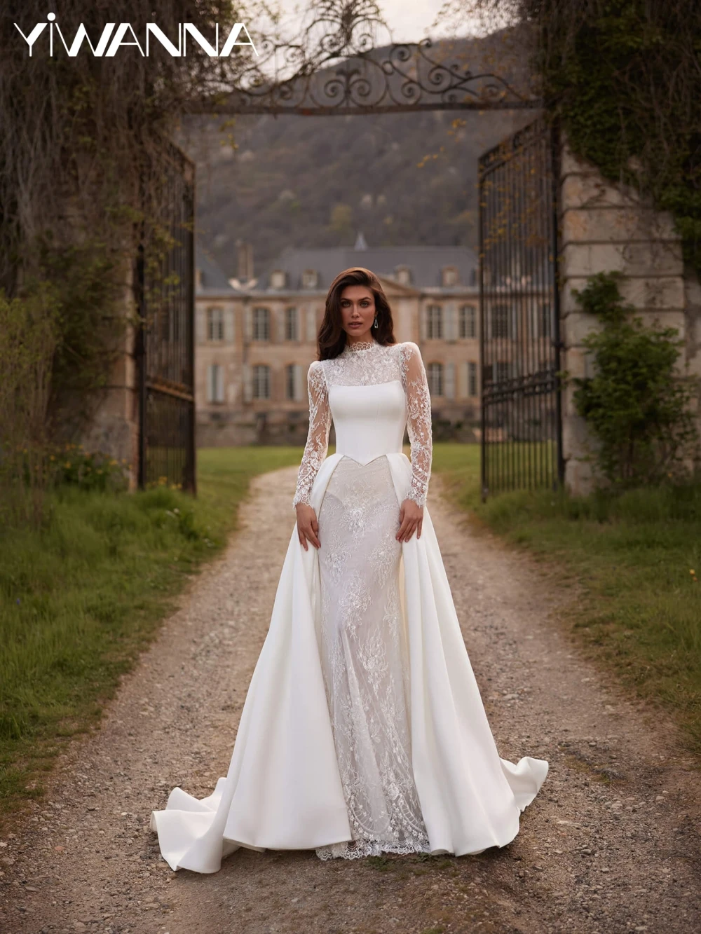 

Detachable Train Lace Mermaid Long Wedding Dress Glitter Beaded High Collar Bridal Gown Customized Dreamy Dresses For Bride