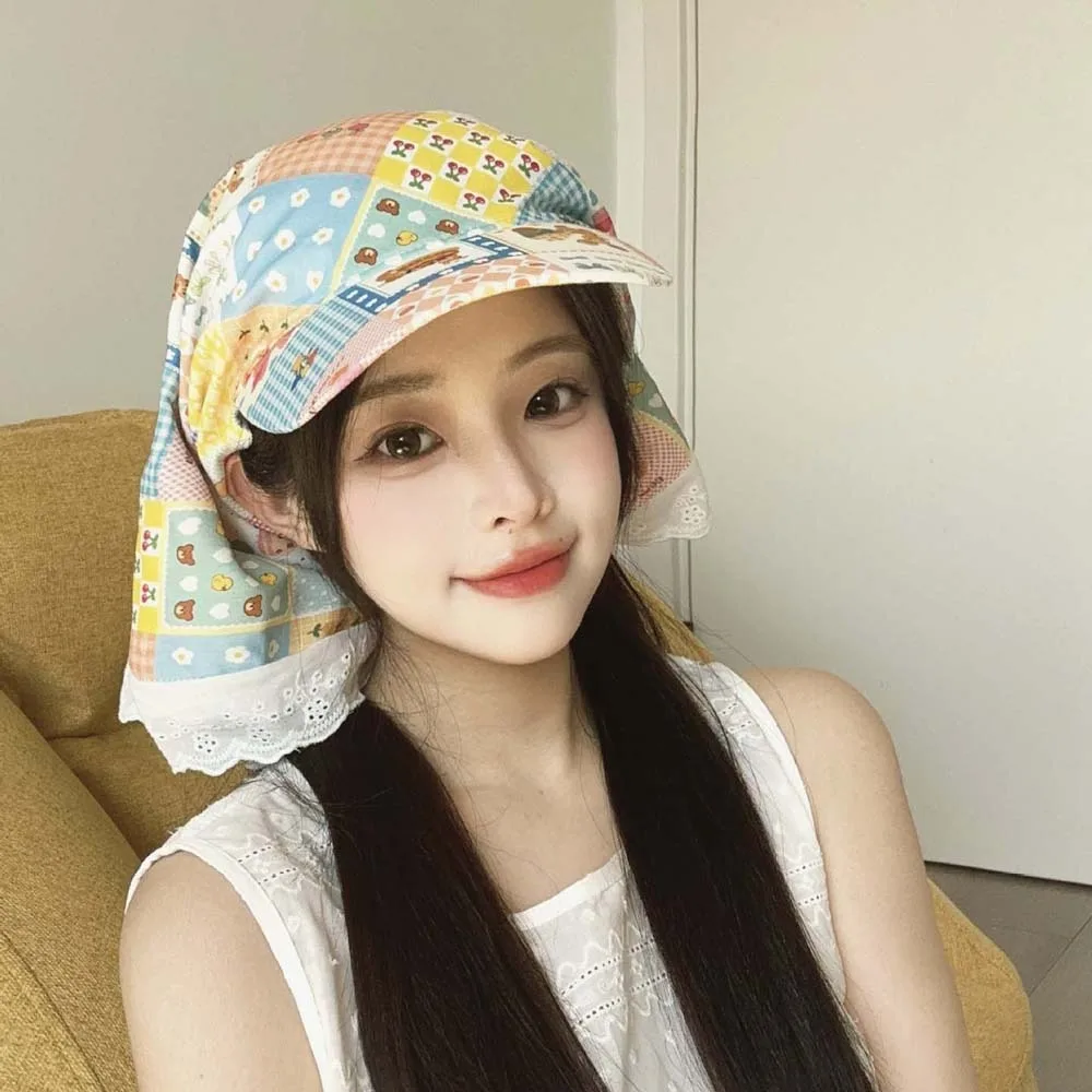 Cycling Rural Style Headscarf Baseball Hat Lace Breathable Scarf Peaked Cap Cotton Floral Strappy Bandana Cap Outdoor