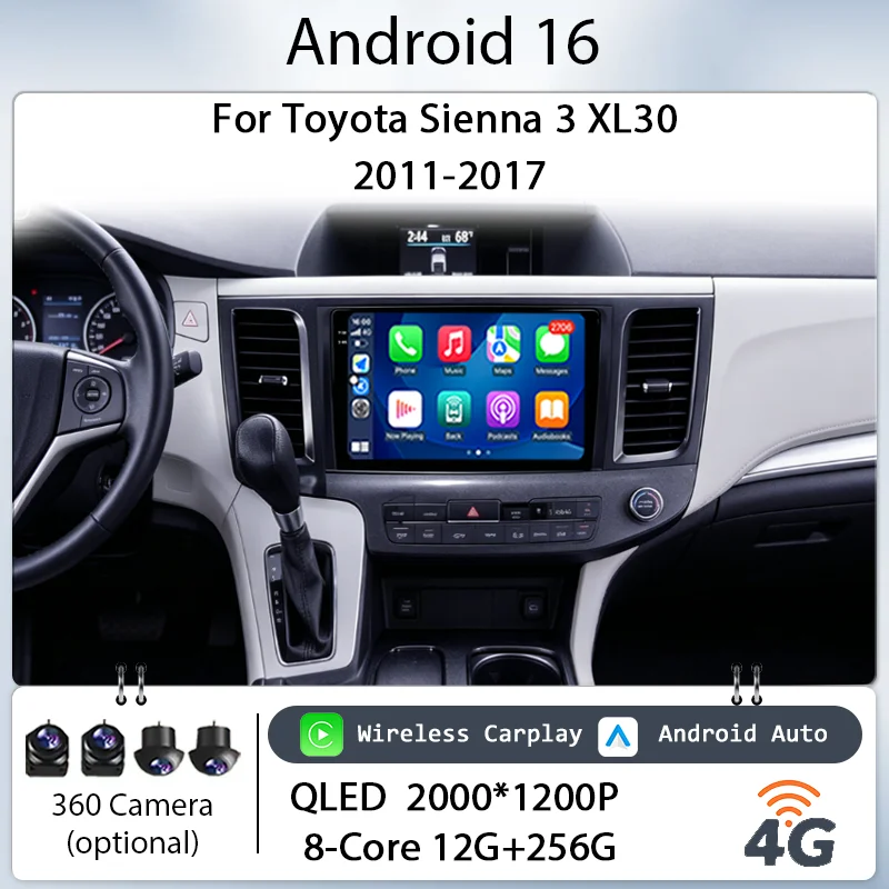 

9" Android 16 Wireless CarPlay GPS Navi Bluetooth 4G DSP for Toyota Sienna 3 XL30 2011-2017 Car Stereo IPS HD Touch Screen QLED
