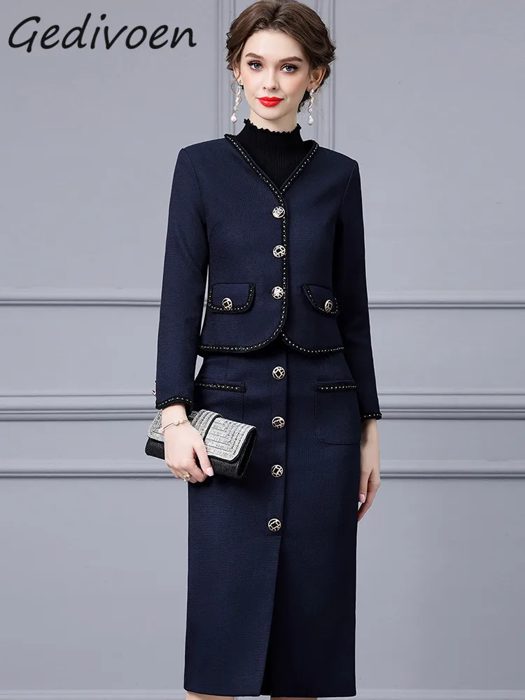 

Gedivoen Autumn Fashion Designer Navy Blue Vintage Skirt Set Women Button Pockets Slim Coat+Package Buttocks Skirt 2 Pieces Set