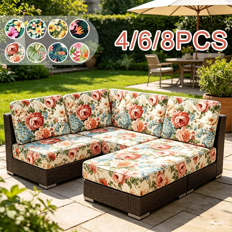 

4/6/8PCS Tropical Pattern Outdoor Sofa Cushion Cover Elastic Stretch Sofa Slipcover Non-Slip Sofa Seat Cover for Garden Patio