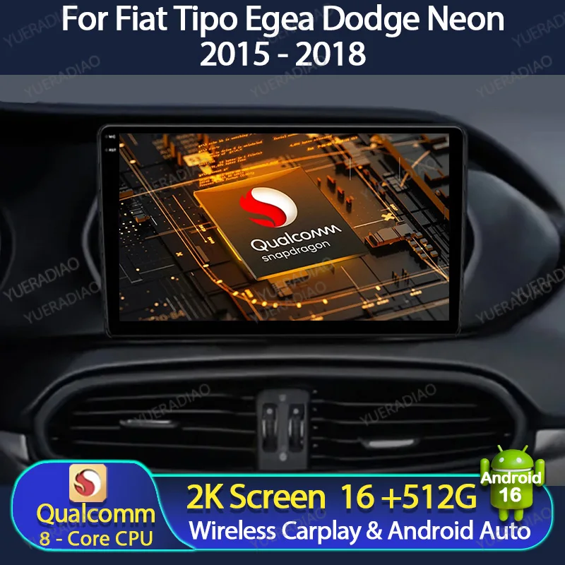 Android 16 Car Radio For Fiat Tipo Egea Dodge Neon 2015 - 2018 Head Unit Multimedia Stereo Video Player Qualcomm 4G WIFI BT QLED