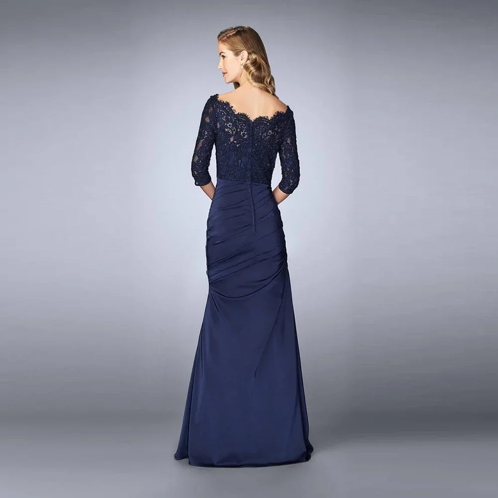 Navy Blue Mother Of The Bride Dresses Boat Neck Half Sleeve Mermaid Party Dress Lace Appliques Pleat Satin Prom Gown