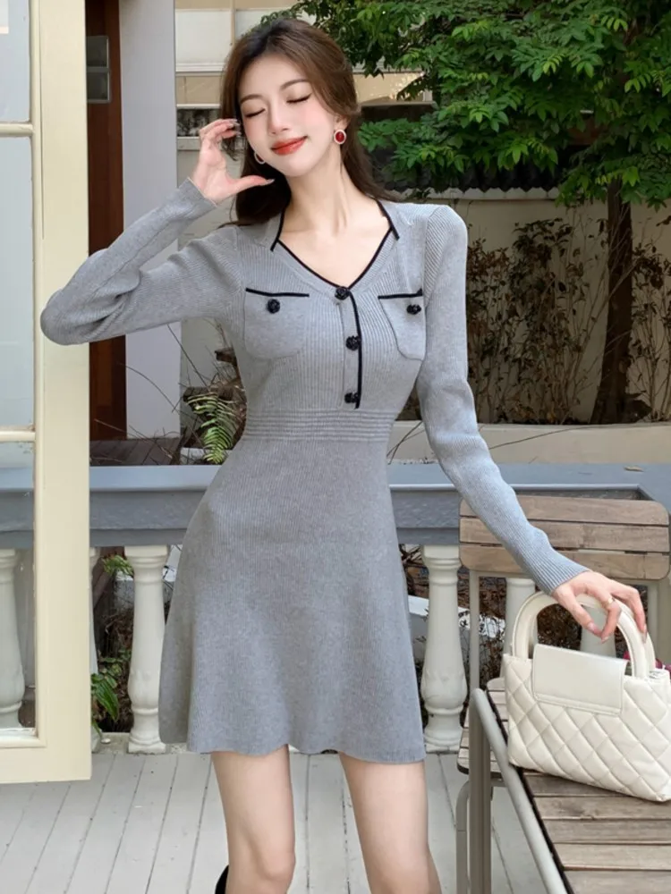 V-neck Botton Pocket Mini Knitted Dress A Line Slim Waist Long Sleeve Vestidos Elegant Korean Evening Party Robe Autumn Women