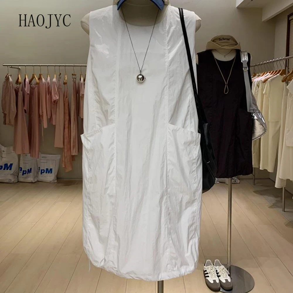 

Fashion light work skirt Sleeveless vest skirt Simple loose and versatile large pocket women's medium and long skirt