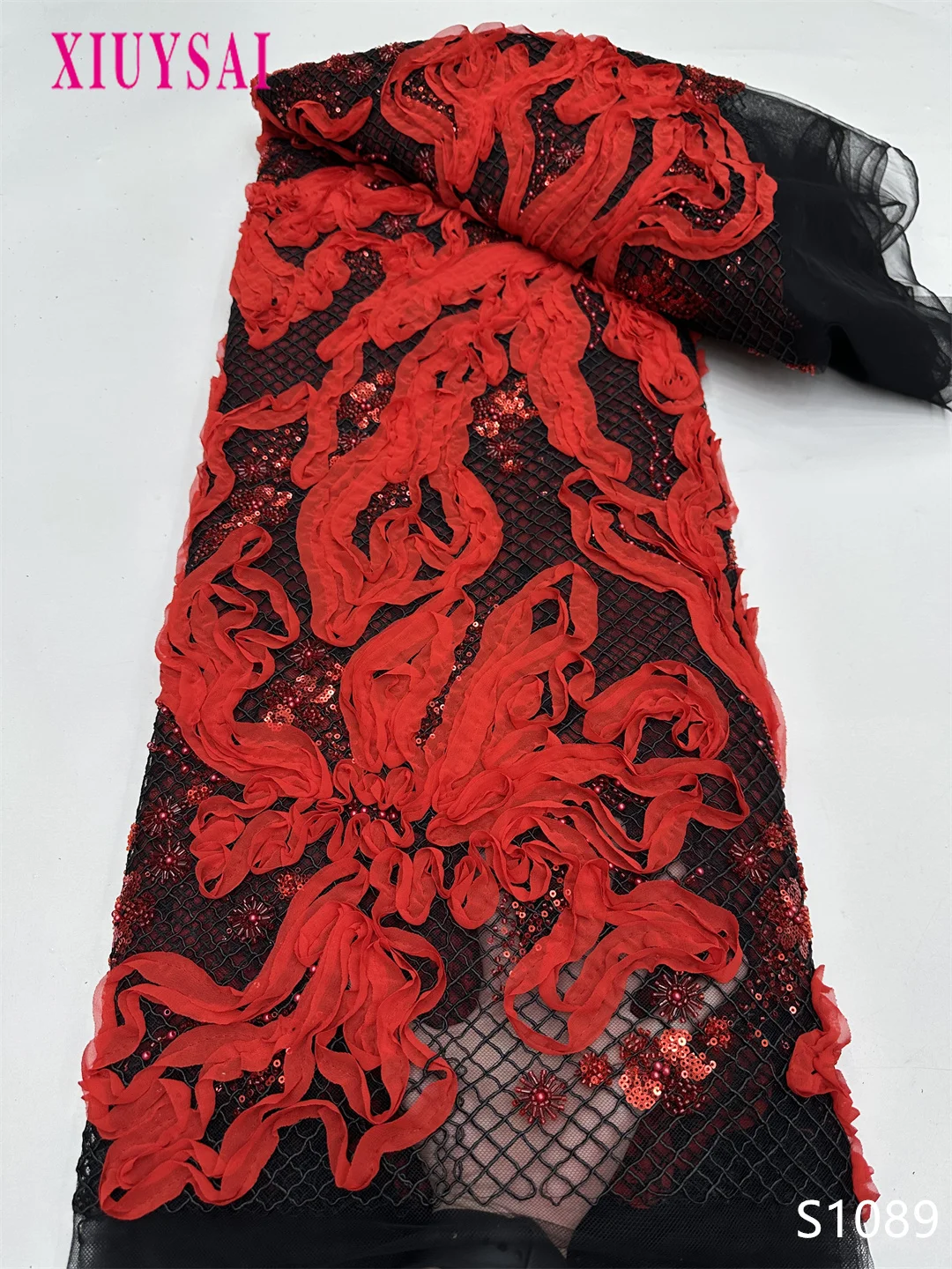 

3D African Handmade Sequins Pearls Net Lace Fabric Heavy Beaded Tulle for Bridal Party Dresses Material French Style