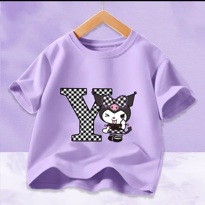 

Kuromi Letter A-Z T-shirt Sanrio Kids Anime Y2k Purple Tees Girl Summer Fashion Leisure Cute Tops Children Kawaii Clothing Gift