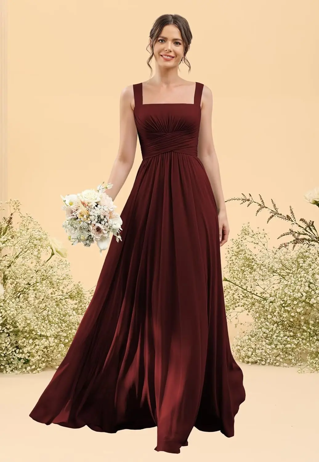 2025年 スクエアネック オフショルダー ブライズメイドドレス スリムなスパゲッティストラップ プリーツシフォン バックレスデザイン フォーマルウェディング用