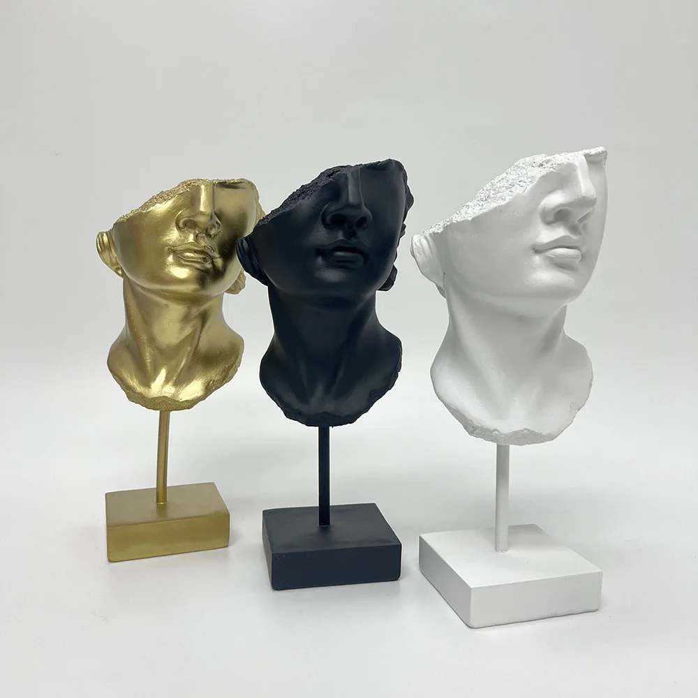 Gold Abstract Broken Face Sculpture, Resin Greek Bust Statue, Modern Art Human Head Figurine for Home Office Decor