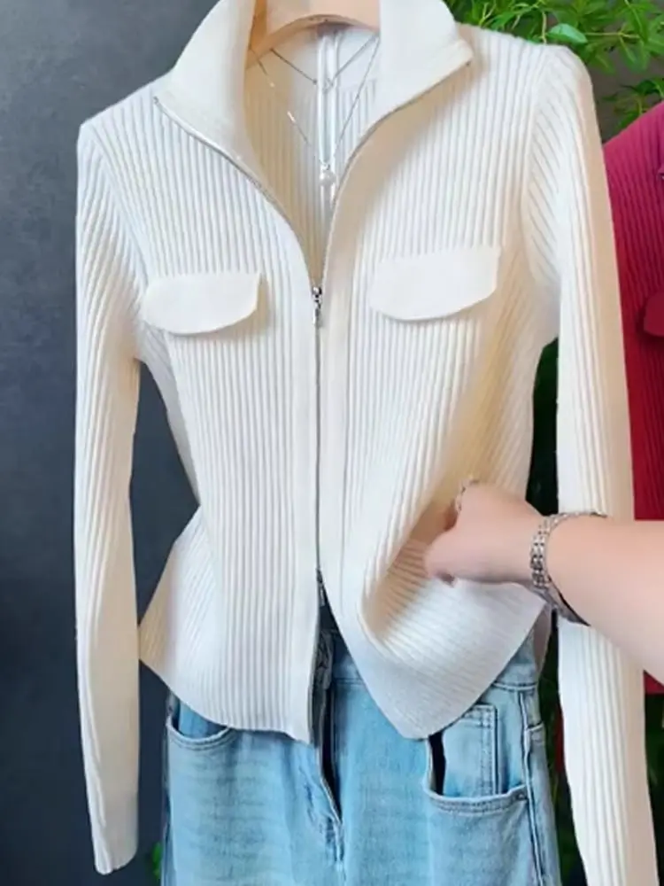 

New Collar Long Sleeved Knitted Cardigan 2024 Spring And Autumn Double Zipper Design Sense Top Sweater For Women