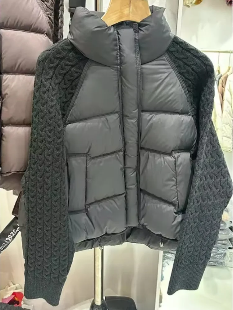 New Winter Turtleneck White Duck Down Jacket Women Patchwork Knitted Warm Drawstring Short  Puffer Coat Female  Parkas
