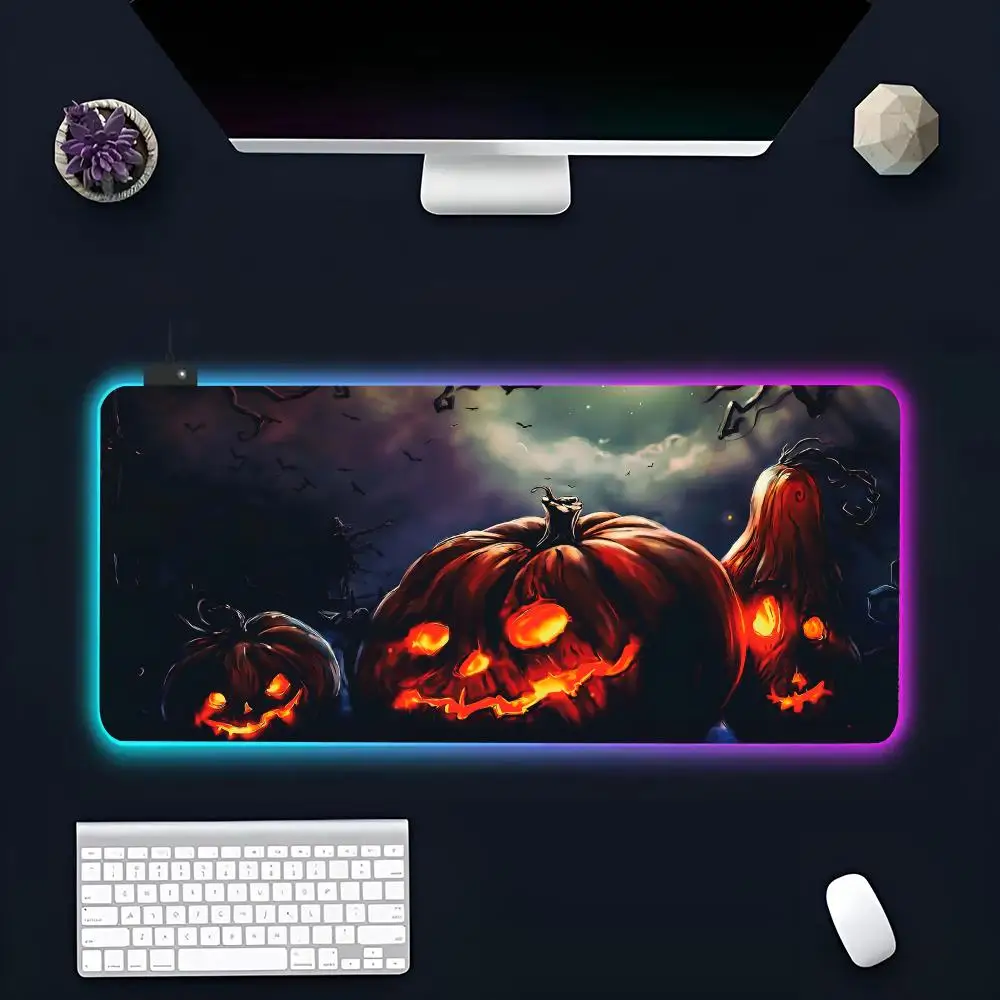 Halloween Ghosts MINISO Mouse Pad RGB Gaming Mousepad LED Large Gamer Mousepads XXL Keyboard Pads Luminous Desk Mat Backlit