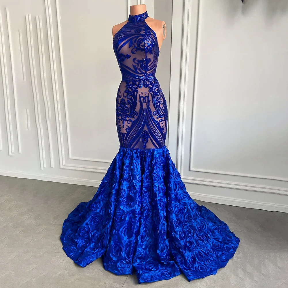 

Royal Blue Mermaid Gowns Fashion Halter Sleeveless Evening Party Dresses Appliques Sequined Sweep Train Exquisite Prom Dresses